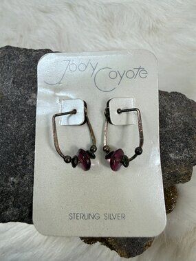 Vintage Sterling Silver & Amethyst Hoop Earrings Jody Coyote .75" drop